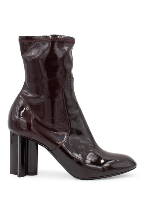 Burgundy patent leather ankle boots with floral pumps