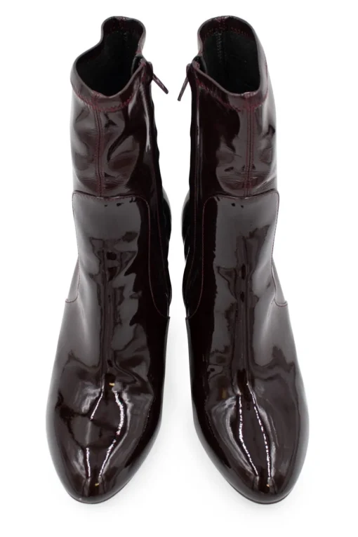 Burgundy patent leather ankle boots with floral pumps