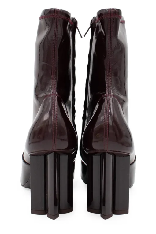 Burgundy patent leather ankle boots with floral pumps