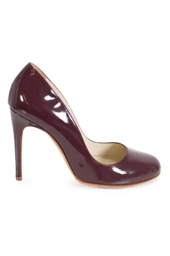 Burgundy patent leather high heeled pumps