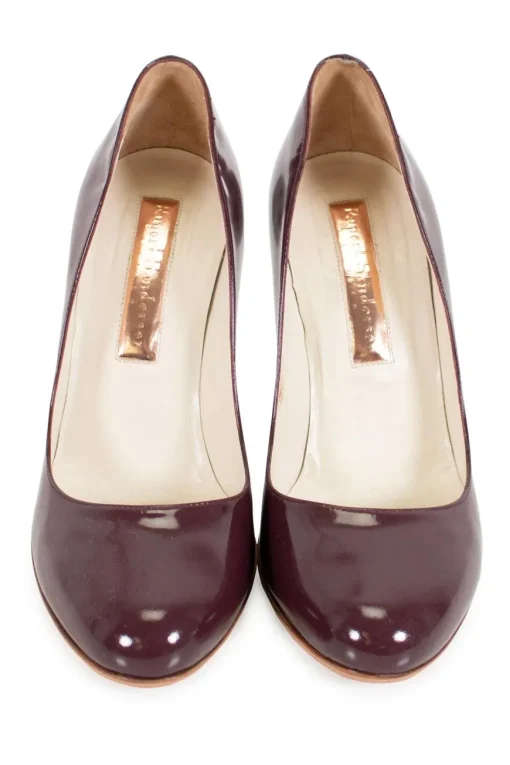 Burgundy patent leather high heeled pumps