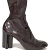 Burgundy patent leather Silhouette pull-on round-toe block heel ankle boots
