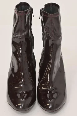 Burgundy patent leather Silhouette pull-on round-toe block heel ankle boots