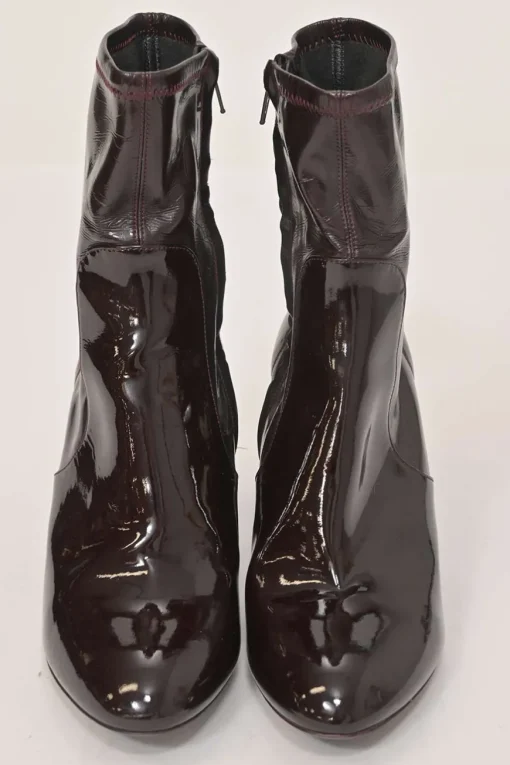 Burgundy patent leather Silhouette pull-on round-toe block heel ankle boots