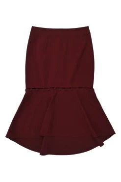 Burgundy polyester-blend Cortona concealed back zip fluted crepe midi skirt with fabric button accents on the flare