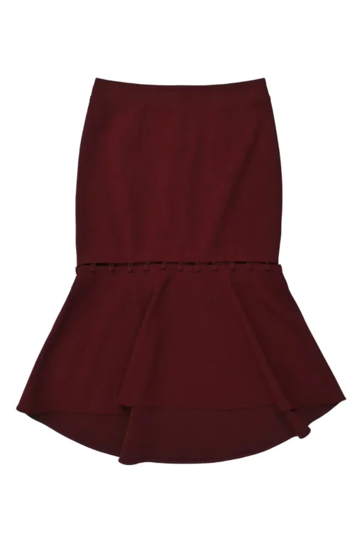 Burgundy polyester-blend Cortona concealed back zip fluted crepe midi skirt with fabric button accents on the flare