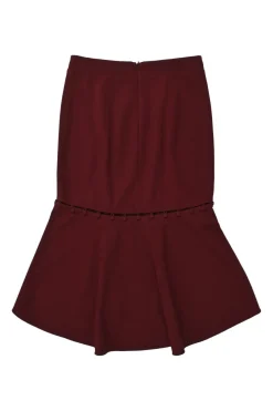 Burgundy polyester-blend Cortona concealed back zip fluted crepe midi skirt with fabric button accents on the flare