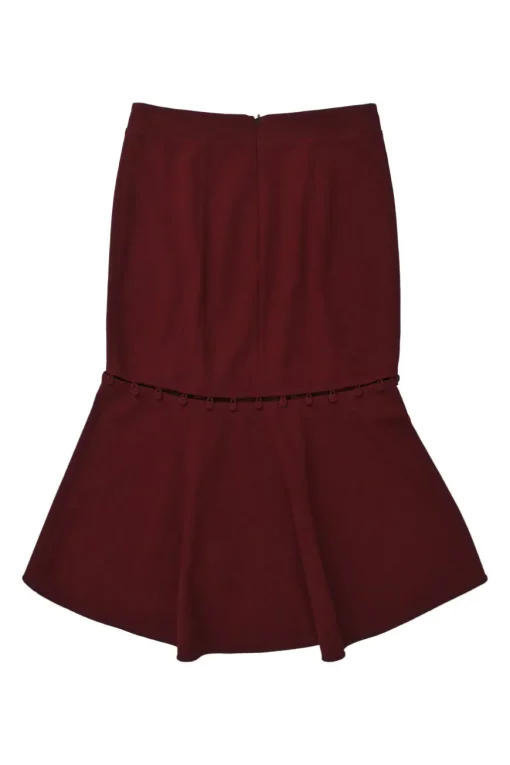Burgundy polyester-blend Cortona concealed back zip fluted crepe midi skirt with fabric button accents on the flare