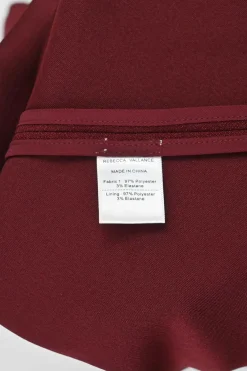 Burgundy polyester-blend Cortona concealed back zip fluted crepe midi skirt with fabric button accents on the flare