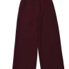 Burgundy polyester-blend empire-waist wide-leg trousers with exposed button fly