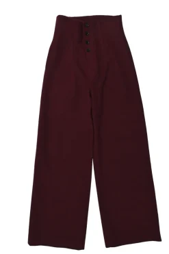 Burgundy polyester-blend empire-waist wide-leg trousers with exposed button fly