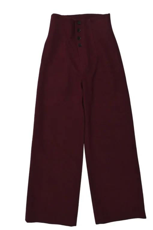 Burgundy polyester-blend empire-waist wide-leg trousers with exposed button fly