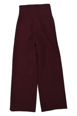 Burgundy polyester-blend empire-waist wide-leg trousers with exposed button fly