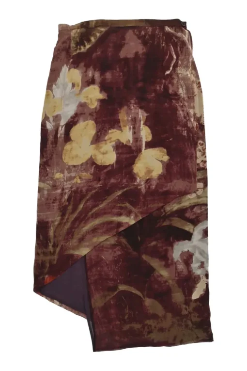 Burgundy silk floral devoré wrap-front asymmetric midi skirt