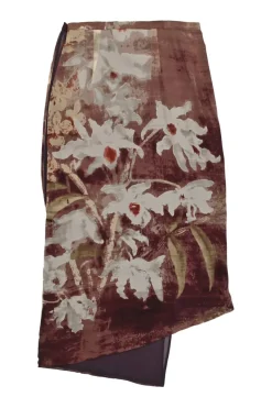 Burgundy silk floral devoré wrap-front asymmetric midi skirt