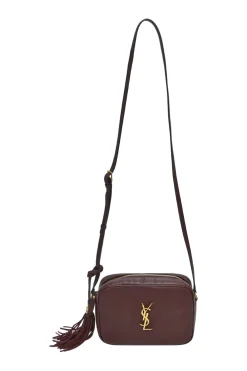 Burgundy smooth leather Lou tassel camera bag with gold-tone metallic logo plaque