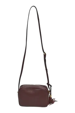 Burgundy smooth leather Lou tassel camera bag with gold-tone metallic logo plaque