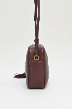 Burgundy smooth leather Lou tassel camera bag with gold-tone metallic logo plaque