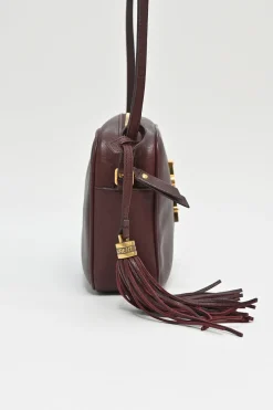 Burgundy smooth leather Lou tassel camera bag with gold-tone metallic logo plaque