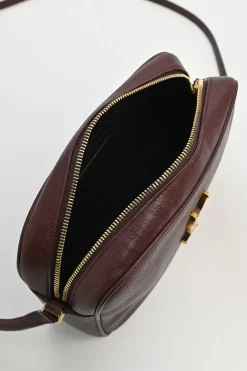 Burgundy smooth leather Lou tassel camera bag with gold-tone metallic logo plaque