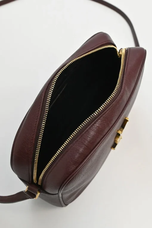 Burgundy smooth leather Lou tassel camera bag with gold-tone metallic logo plaque