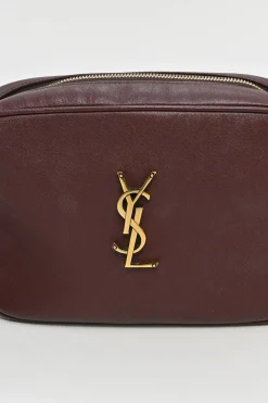 Burgundy smooth leather Lou tassel camera bag with gold-tone metallic logo plaque
