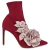 Burgundy suede and leather Lilico pointed-toe zip-up ankle boots with 3D floral vamp appliqué