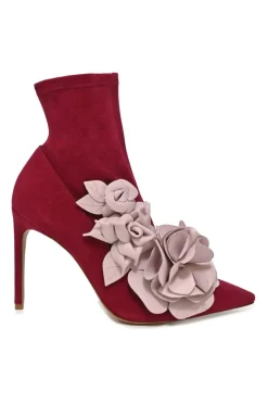 Burgundy suede and leather Lilico pointed-toe zip-up ankle boots with 3D floral vamp appliqué