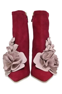 Burgundy suede and leather Lilico pointed-toe zip-up ankle boots with 3D floral vamp appliqué