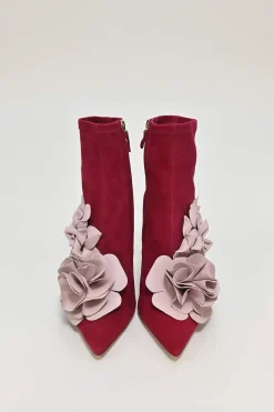 Burgundy suede and leather Lilico pointed-toe zip-up ankle boots with 3D floral vamp appliqué