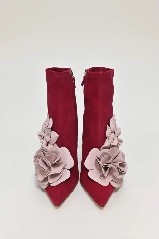 Burgundy suede and leather Lilico pointed-toe zip-up ankle boots with 3D floral vamp appliqué