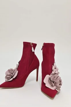 Burgundy suede and leather Lilico pointed-toe zip-up ankle boots with 3D floral vamp appliqué
