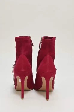 Burgundy suede and leather Lilico pointed-toe zip-up ankle boots with 3D floral vamp appliqué
