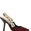 Burgundy technical fabric and leather J'Adior slingback pumps with logo strap and comma heels
