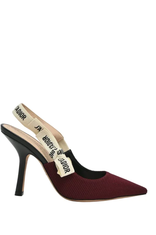Burgundy technical fabric and leather J'Adior slingback pumps with logo strap and comma heels