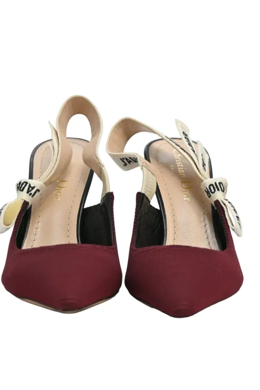 Burgundy technical fabric and leather J'Adior slingback pumps with logo strap and comma heels