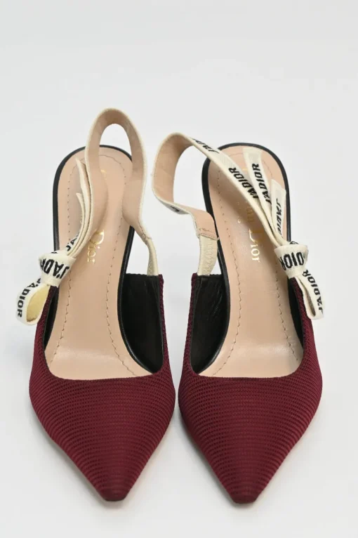 Burgundy technical fabric and leather J'Adior slingback pumps with logo strap and comma heels