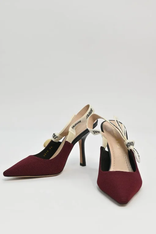 Burgundy technical fabric and leather J'Adior slingback pumps with logo strap and comma heels
