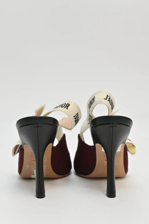 Burgundy technical fabric and leather J'Adior slingback pumps with logo strap and comma heels