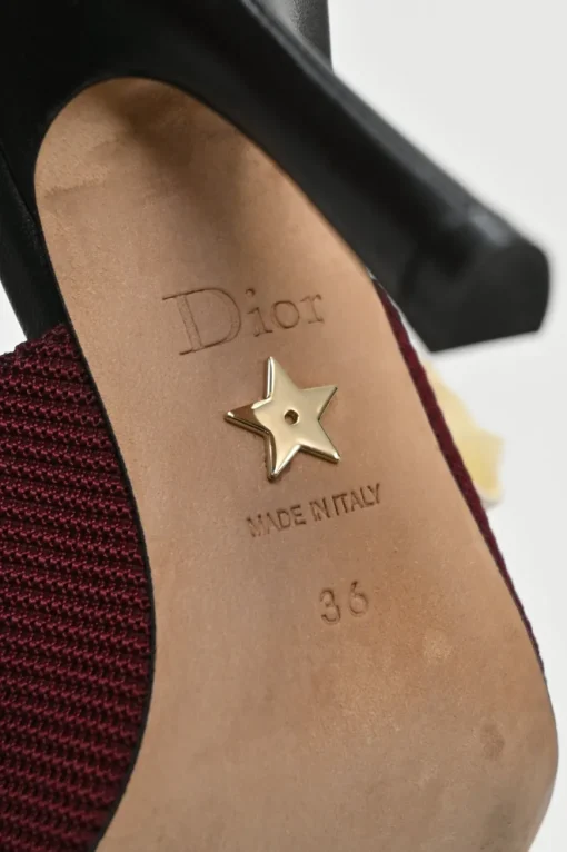 Burgundy technical fabric and leather J'Adior slingback pumps with logo strap and comma heels