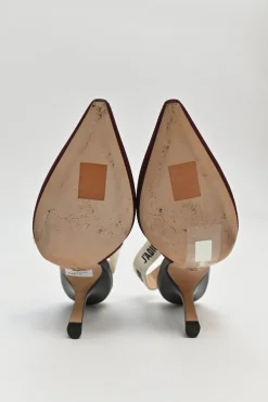 Burgundy technical fabric and leather J'Adior slingback pumps with logo strap and comma heels