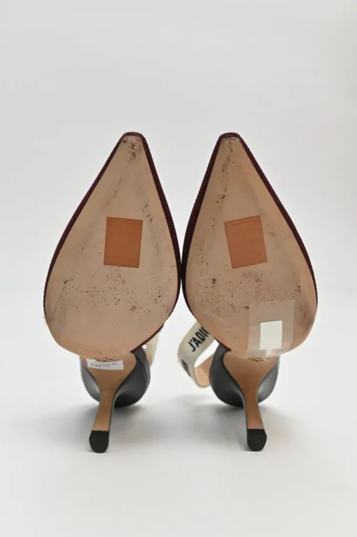 Burgundy technical fabric and leather J'Adior slingback pumps with logo strap and comma heels