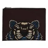 Burgundy tiger-embroidered canvas zip pouch