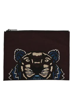 Burgundy tiger-embroidered canvas zip pouch