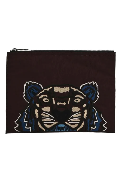 Burgundy tiger-embroidered canvas zip pouch