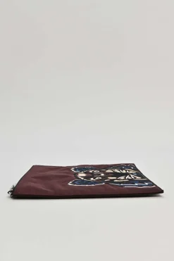 Burgundy tiger-embroidered canvas zip pouch