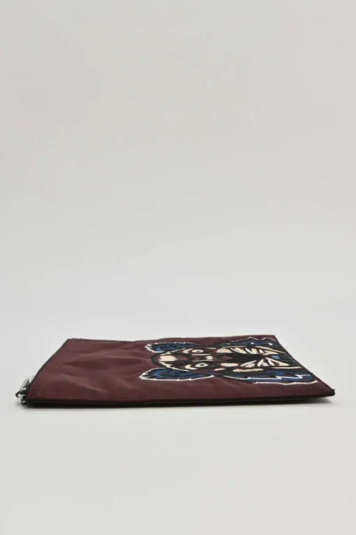 Burgundy tiger-embroidered canvas zip pouch