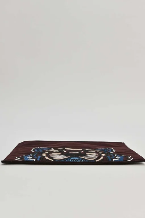 Burgundy tiger-embroidered canvas zip pouch