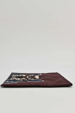 Burgundy tiger-embroidered canvas zip pouch