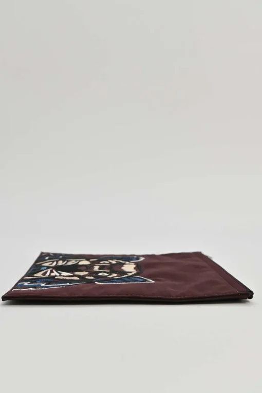 Burgundy tiger-embroidered canvas zip pouch